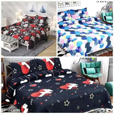 Stylish Fancy Comfortable Polycotton 3d Printed 3 Double Bedsheet With 6 Pillow Covers-thumb0