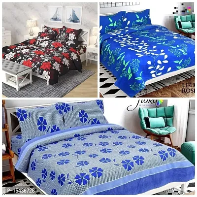 Stylish Fancy Comfortable Polycotton 3d Printed 3 Double Bedsheet With 6 Pillow Covers