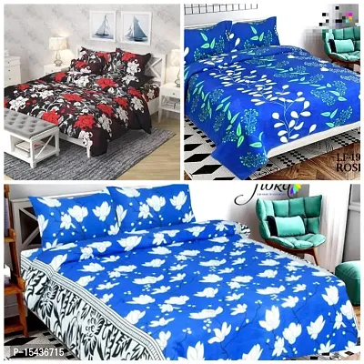 Stylish Fancy Comfortable Polycotton 3d Printed 3 Double Bedsheet With 6 Pillow Covers