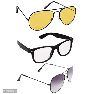 Criba UV Protected Aviator and Rectangle Men “Sunglasses Combo of 3” - (Criba_Set3_Sunglss_16|40|Yellow & White & Grey Lens)