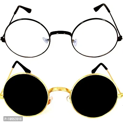 Criba Gradient Rectangular Unisex Sunglasses - (round blk clr+gld blk_CRLK|40|Grey Color Lens)-thumb0