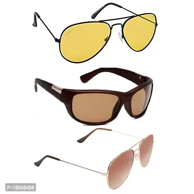 Criba UV Protected Aviator and Rectangle Men “Sunglasses Combo of 3” - (Criba_Set3_Sunglss_9|40|Yellow & Light Maroon Lens)