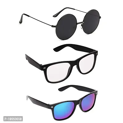 Criba UV Protected Round & Rectangle Men ?Sunglasses Combo of 3? - (Criba_7_Set3_Sunglss_17|50|White & Black & Blue Lens)-thumb0