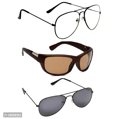 Criba UV Protected Aviator & Wrap Men ?Sunglasses Combo of 3? - (Criba_3_Set3_Sunglss_10|40|White & Light Brown & Grey Lens)-thumb0