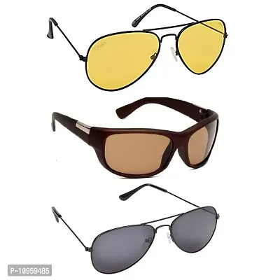 Criba UV Protected Aviator and Rectangle Men “Sunglasses Combo of 3” - (Criba_Set3_Sunglss_10|40|Yellow & Light Maroon & Grey Lens)-thumb0