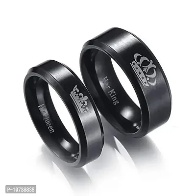 Navkar Crafts His or Hers Matching Set His Queen Her King Titanium Stainless Steel Couple Bracelet Rings for Girls & Boys (2 Pcs) (Black Black, 20)-thumb0