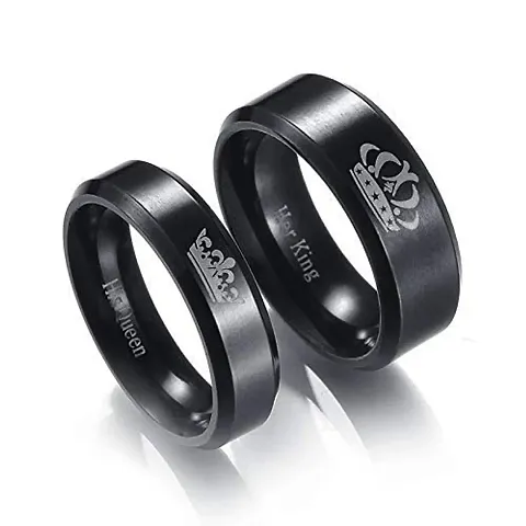 Navkar Crafts His or Hers Matching Set His Queen Her King Titanium Stainless Steel Couple Bracelet Rings for Girls & Boys (2 Pcs) (Black Black, 20)