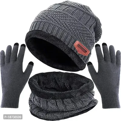 T WILKER Beanie Hat Scarf and Touchscreen Gloves Set for Men & Women Stretch Warm Fleece Lining Cap(2Pcs / 3Pcs), 3pcs (Hat+scarf+gloves) Gray, Large-thumb0