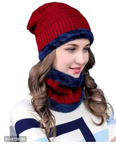 Navkar Crafts Ultra Soft Winter Woolen Beanie Cap Plus Muffler Red Scarf Set for Women, Girl - Warm, Snow Proof - (-20) Degree Temperature