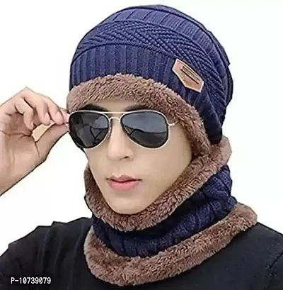 GLAMAXY Men Cap with Neck Scarf Cap, Winter Cap & Neck Scarf with Fleece, Unisex Beanie Cap with Neck Warmer for Men & Women,Thermal Cap,Thick Fluffy Woolen Cap (Blue)-thumb0