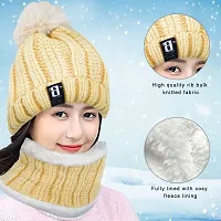 Aashirwad Craft Women's Winter Hat Solid Plus Thicken Warm Beanie Hat and Muffler Scarf Two-Piece Knit Cap Set for Women Girl (Beige)-thumb2