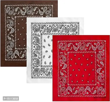 Navkar Crafts Unisex Cotton Paisley Cowboy Bandanas - Pack of 3 (Brown-White-Red)