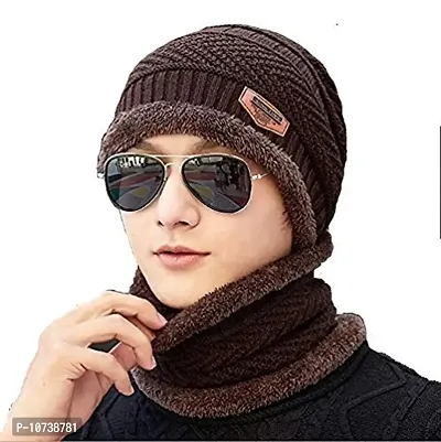 Smartlife Innovation Snow Proof Inside Fur Wool Unisex Beanie Cap with Neck Warmer Set Knit Hat Thick Fleece Lined Winter Hat for Men & Women (Brown)-thumb2