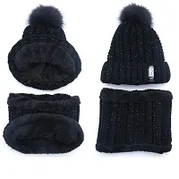 Navkar Crafts Winter Soft Warm 1 Set Snow Proof Ball Cap (Inside Fur) Woolen Beanie Cap with Scarf for Women Girl Ladies-thumb3