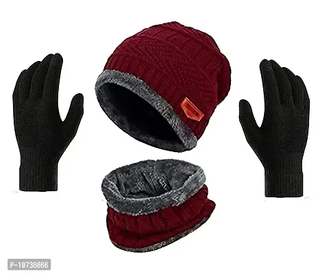 Navkar Crafts Knit Beanie Cap Hat Neck Warmer Scarf and Woolen Gloves Set for Men & Women (3 Piece) (Red)