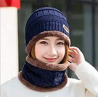 Navkar Crafts Black Twist Color Matching Winter Soft Warm 1 Set Snow Proof Knitted Ball Cap (Inside Fur) Woolen Beanie Cap with Scarf Muffler for Women Girl Blue Beanie-thumb1