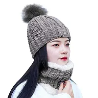 Navkar Crafts Black Twist Color Matching Winter Soft Warm 1 Set Snow Proof Knitted Ball Cap (Inside Fur) Woolen Beanie Cap with Scarf Muffler for Women Girl Grey Ball-thumb1