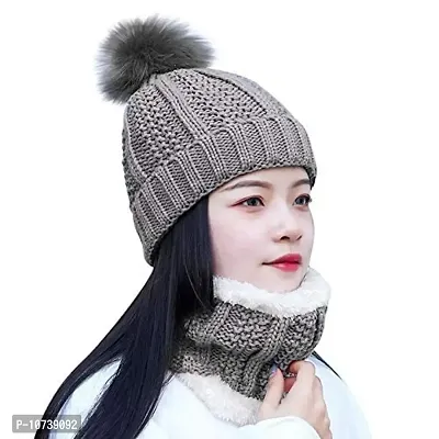 Navkar Crafts Black Twist Color Matching Winter Soft Warm 1 Set Snow Proof Knitted Ball Cap (Inside Fur) Woolen Beanie Cap with Scarf Muffler for Women Girl Grey Ball-thumb2