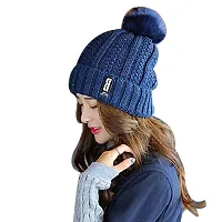 Aashirwad Craft Women's Winter Hat Solid Plus Thicken Warm Beanie Hat and Muffler Scarf Two-Piece Knit Cap Set for Women Girl (Blue)-thumb2