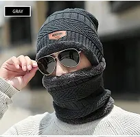 Winter Snow Proof Inside Fur Wool Winter (Beanie Cap + Neck Scarf) for Men and Women (Grey)-thumb1