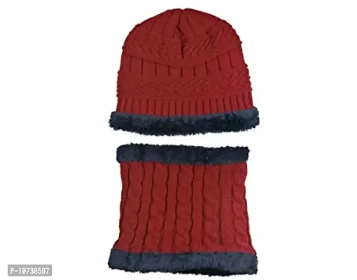 Standard 2Pcs Kids Girl's Winter Warm Knitted Cap with Fleece Scarf Set|Neckwarmer|Fleece Lining Cap with Neckwarmer (Red,Freesize)-thumb2