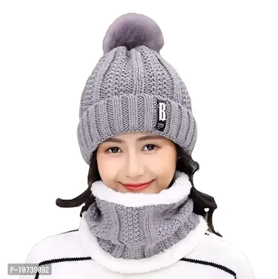 Navkar Crafts Black Twist Color Matching Winter Soft Warm 1 Set Snow Proof Knitted Ball Cap (Inside Fur) Woolen Beanie Cap with Scarf Muffler for Women Girl Grey Ball