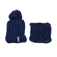 Aashirwad Craft Women's Winter Hat Solid Plus Thicken Warm Beanie Hat and Muffler Scarf Two-Piece Knit Cap Set for Women Girl (Blue)-thumb1