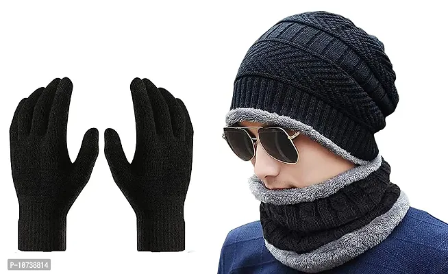 Navkar Crafts Men's Wool, Acrylic Beanie Cap, Neck Warmer Scarf And Winter Gloves Set (Pack Of 3 Pieces) (Navkar Crafts_Black_Free Size)