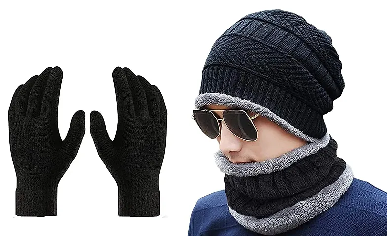 Navkar Crafts Knit Beanie Cap Hat Neck Warmer Scarf and Woolen Gloves Set for Men & Women (3 Piece)
