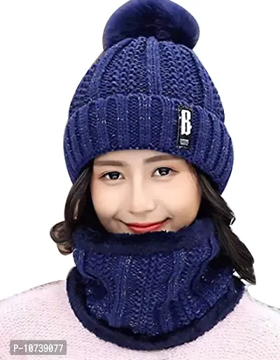 Aashirwad Craft Women's Winter Hat Solid Plus Thicken Warm Beanie Hat and Muffler Scarf Two-Piece Knit Cap Set for Women Girl (Blue)-thumb0