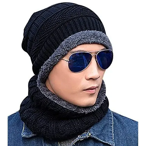 Beanie Hat Scarf Set Winter Warm Knit Hat Thick Skull Cap for Men and Women (01 Black, Beanie Hat)