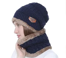 Navkar Crafts Ultra Soft Unisex Woolen Beanie Cap Plus Muffler Scarf Set for Men Women Girl Boy - Warm, Snow Proof - 20 Degree Temperature (Navy Blue)-thumb2