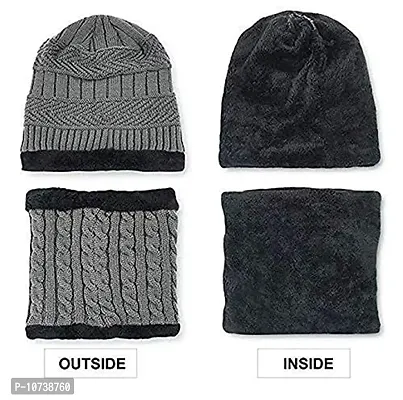 Winter Snow Proof Inside Fur Wool Winter (Beanie Cap + Neck Scarf) for Men and Women (Grey)-thumb4