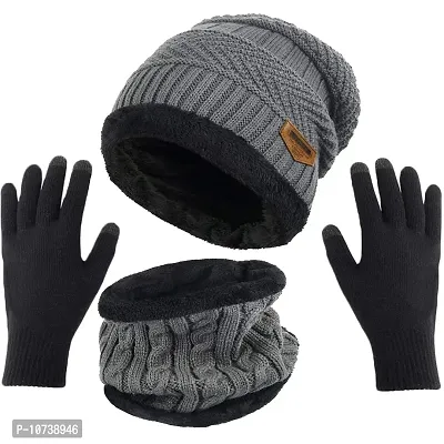 Navkar Crafts Beanie Hat Scarf and Touchscreen Gloves Set for Men & Women Stretch Warm Fleece Lining Cap (Grey)