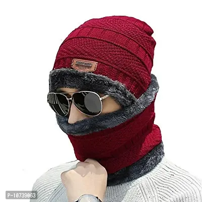 Navkar Crafts Snow Proof Inside Fur Wool Unisex Beanie Cap with Neck Warmer Set Knit Hat Thick Fleece Lined Winter Hat for Men & Women