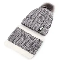 Navkar Crafts Black Twist Color Matching Winter Soft Warm 1 Set Snow Proof Knitted Ball Cap (Inside Fur) Woolen Beanie Cap with Scarf Muffler for Women Girl Grey Ball-thumb3