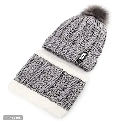 Navkar Crafts Black Twist Color Matching Winter Soft Warm 1 Set Snow Proof Knitted Ball Cap (Inside Fur) Woolen Beanie Cap with Scarf Muffler for Women Girl Grey Ball-thumb4