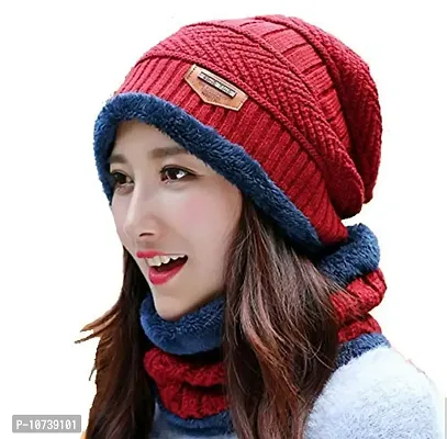 Women's Woolen Beanie Cap with Neck Muffler/Neckwarmer Free Size (Maroon)-thumb0