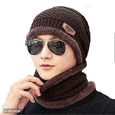 Navkar Crafts Snow Proof Inside Fur Wool Unisex Beanie Cap with Neck Warmer Set Knit Hat Thick Fleece Lined Winter Hat for Men & Women-thumb3