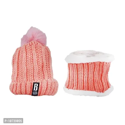 Aashirwad Craft Women's Winter Hat Solid Plus Thicken Warm Beanie Hat and Muffler Scarf Two-Piece Knit Cap Set for Women Girl (Pink)-thumb2