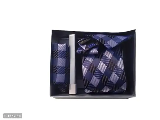 Navkar Crafts Necktie with Pocket Square set Blue Beige-thumb0