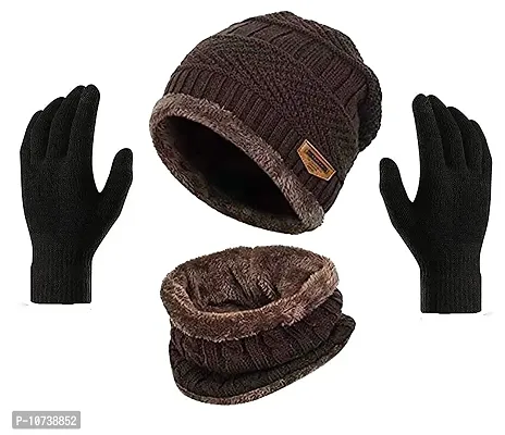 Navkar Crafts Knit Beanie Cap Hat Neck Warmer Scarf and Woolen Gloves Set for Men & Women (3 Piece) (Brown)