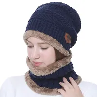 Navkar Crafts Black Twist Color Matching Winter Soft Warm 1 Set Snow Proof Knitted Ball Cap (Inside Fur) Woolen Beanie Cap with Scarf Muffler for Women Girl Blue Beanie-thumb2