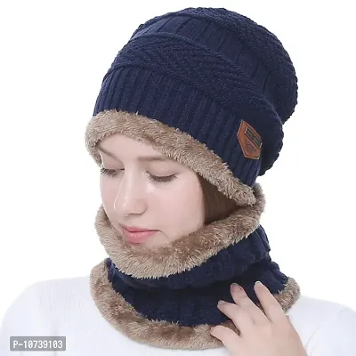 Navkar Crafts Black Twist Color Matching Winter Soft Warm 1 Set Snow Proof Knitted Ball Cap (Inside Fur) Woolen Beanie Cap with Scarf Muffler for Women Girl Blue Beanie-thumb3