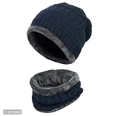 Navkar Crafts Beanie Hat Scarf and Touchscreen Gloves Set for Men & Women Stretch Warm Fleece Lining Cap (Navy)-thumb2