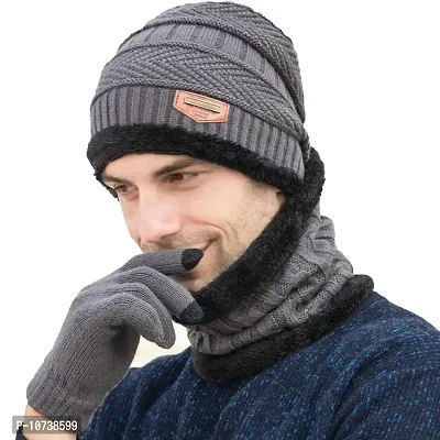 T WILKER Beanie Hat Scarf and Touchscreen Gloves Set for Men & Women Stretch Warm Fleece Lining Cap(2Pcs / 3Pcs), 3pcs (Hat+scarf+gloves) Gray, Large-thumb2