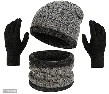 Navkar Crafts Men's Wool, Acrylic Beanie Cap, Neck Warmer Scarf And Winter Gloves Set (Pack Of 3 Pieces) (Navkar Crafts_Grey_Free Size)