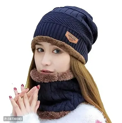 Navkar Crafts Black Twist Color Matching Winter Soft Warm 1 Set Snow Proof Knitted Ball Cap (Inside Fur) Woolen Beanie Cap with Scarf Muffler for Women Girl Blue Beanie