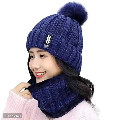 Winter Soft Warm Snow Proof Pom Pom Cap (Inside Fur) Woolen Beanie Cap with Scarf for Women's & Girl's (Freesize,Blue)-(Pack of 02)-thumb0