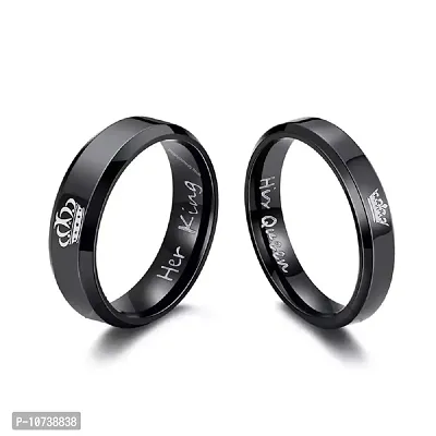 Navkar Crafts His or Hers Matching Set His Queen Her King Titanium Stainless Steel Couple Bracelet Rings for Girls & Boys (2 Pcs) (Black Black, 20)-thumb2